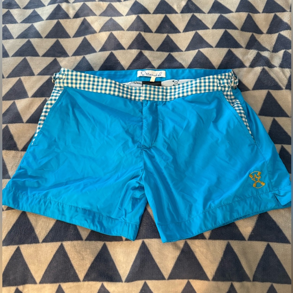 Blue Men’s Swim Shorts with Checkered Waistband